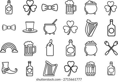 St. Patrick's Day Ikonensatz, Festival, Bier, Becher, grünes Blatt, Shamrock, Hut, Line Art Vektor