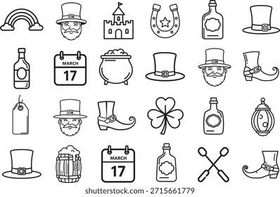 St. Patrick's Day Ikone Set Vektor , Shamrock, Festival, Bier, Becher, grünes Blatt, Hut, Linie Kunst Vektor Kunst Datei
