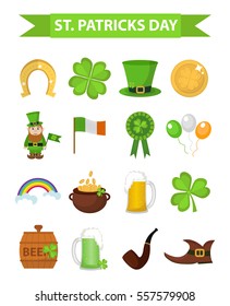 St. Patricks Day icon set design element. Traditional irish symbols in modern flat style. Isolated on white background. Vector illustration, clip art