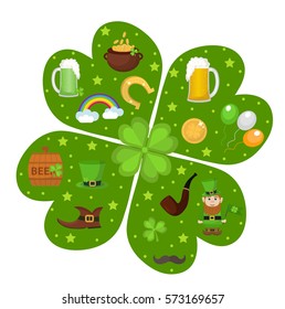 St. Patricks Day icon set in clover-shape design element. Traditional irish symbols in modern flat style. Isolated on white background. Vector illustration, clip art