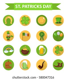 St. Patricks Day icon set design element. Traditional irish symbols in modern flat style. Isolated on white background. Vector illustration, clip art