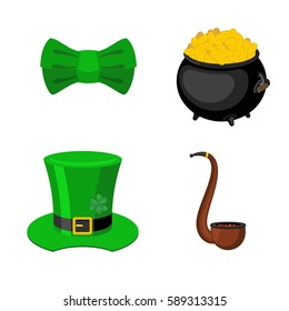 St. Patrick's Day icon set. Leprechaun accessory. pot of gold and smoking pipes. Green bow tie. National Holiday in Ireland. Traditional Irish Festival
