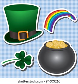 St patrick's day icon set on a plaid background. Vector illustration.