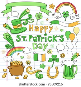 St Patrick's Day Icon Set Notebook Doodles Vector Illustration Design Elements on Lined Sketchbook Paper Background