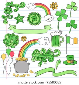 St Patrick's Day Icon Set Notebook Doodles Vector Illustration Design Elements on Lined Sketchbook Paper Background