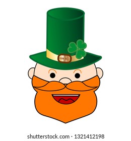 St. Patricks Day icon symbol: Face logo of character happy traditional leprechaun with green hat clover decorated cylinder and red beard. Vector EPS10 illustration