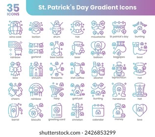 St Patrick's Day icons bundle. Gradient outline icon style. Vector illustration.