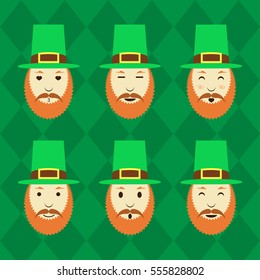 St. Patrick's Day icons collection on green rhombus background. Vector illustration. Set of different leprechaun's emotions: love, laughing, drunk, happy, surprise, romantic, cheerful.