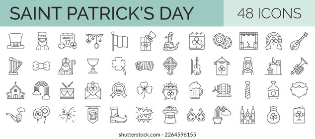 Iconos del Día de San Patricio. Colección de trazo editable. Juego de Iconos de línea delgada estacional de primavera para web y móvil. Ilustración del vector