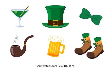 St. Patrick's Day icons featuring green hat, bow tie, beer mug, cocktail, smoking pipe, and boots, colorful on white background