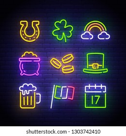 St. Patrick's Day icons. Icon from Ireland holiday. Patrick's Day neon sign. Horseshoe, Clover, Rainbow, Gold coin, Beer, Flag Ireland and Calendar icon. Vector Illustration