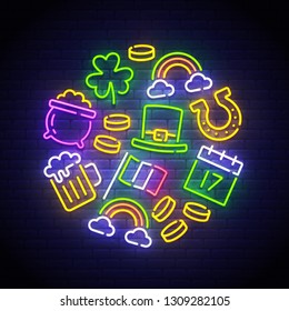 St. Patrick's Day icons. Icon from Ireland holiday. Patrick's Day neon sign. Horseshoe, Clover, Rainbow, Gold coin, Beer, Flag Ireland and Calendar icon. Vector Illustration