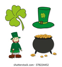 St. Patrick's Day icons - Leprechaun, Leprechaun's hat, pot of gold and clover. Vector illustrations.