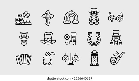 St Patricks Day icons. Set of 15 St Patricks Day festive minimal icons. Cross, Leprechaun, Gold Coins, Irish Beer icons. Design signs for web page, mobile app, packaging design. Vector illustration