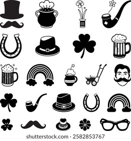 St. Patrick's Day Icons Set, Saint Patrick's Day set. Traditional icons on the holidays Saint Patrick's - pot, hat, beer, smoking pipe, horseshoe, clover, Irish gold coins, harp vector Illustration