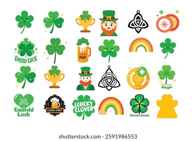 St. Patrick's Day icons set in 3d plastic style. Green hat render, beer with froth in small hand, golden horseshoe, clover leaf, rainbow, pot with money,