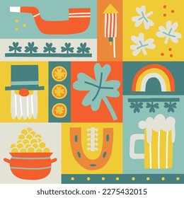 St. Patrick's day illustration concept. Modern style graphics with four leaf clover, horseshoe, beer, rainbow and leprechaun. Perfect for social media post, poster, cover or flyer.
