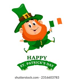 St. Patrick's Day illustration, Cute leprechaun with Ireland flags and clover leaves. Postcard, holiday banner, vector