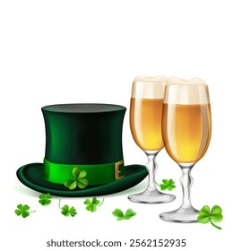 St. Patrick's Day illustration featuring a traditional green top hat adorned with a shamrock and two glasses of beer, surrounded by four-leaf clovers, on a white background.