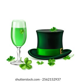 St. Patrick's Day illustration featuring a traditional green top hat adorned with a shamrock and a glass of green beer, surrounded by four-leaf clovers, on a white background.