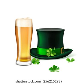 St. Patrick's Day illustration featuring a traditional green top hat adorned with a shamrock and a glass of beer, surrounded by four-leaf clovers, on a white background.