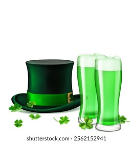 St. Patrick's Day illustration featuring a traditional green top hat adorned with a shamrock and two glasses of green beer, surrounded by four-leaf clovers, on a white background.