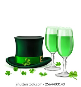 St. Patrick's Day illustration featuring a traditional green top hat adorned with a shamrock and two glasses of green beer, surrounded by four-leaf clovers, on a white background.