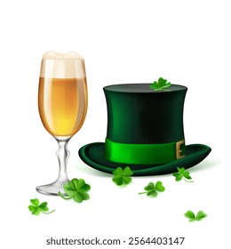 St. Patrick's Day illustration featuring a traditional green top hat adorned with a shamrock and a glass of beer, surrounded by four-leaf clovers, on a white background.