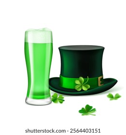 St. Patrick's Day illustration featuring a traditional green top hat adorned with a shamrock and a glass of green beer, surrounded by four-leaf clovers, on a white background.