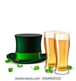 St. Patrick's Day illustration featuring a traditional green top hat adorned with a shamrock and two glasses of beer, surrounded by four-leaf clovers, on a white background.