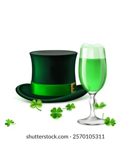 St. Patrick's Day illustration featuring a traditional green top hat adorned with a shamrock and a glass of green beer, surrounded by four-leaf clovers, on a white background.