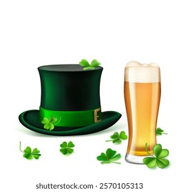 St. Patrick's Day illustration featuring a traditional green top hat adorned with a shamrock and a glass of beer, surrounded by four-leaf clovers, on a white background.