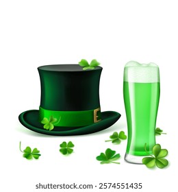 St. Patrick's Day illustration featuring a traditional green top hat adorned with a shamrock and a glass of green beer, surrounded by four-leaf clovers, on a white background.