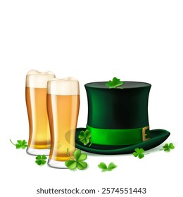 St. Patrick's Day illustration featuring a traditional green top hat adorned with a shamrock and two glasses of beer, surrounded by four-leaf clovers, on a white background.