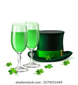 St. Patrick's Day illustration featuring a traditional green top hat adorned with a shamrock and two glasses of green beer, surrounded by four-leaf clovers, on a white background.