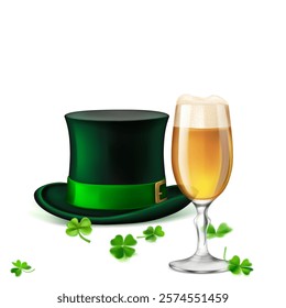 St. Patrick's Day illustration featuring a traditional green top hat adorned with a shamrock and a glass of beer, surrounded by four-leaf clovers, on a white background.