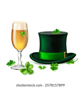 St. Patrick's Day illustration featuring a traditional green top hat adorned with a shamrock and a glass of beer, surrounded by four-leaf clovers, on a white background.