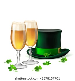 St. Patrick's Day illustration featuring a traditional green top hat adorned with a shamrock and two glasses of beer, surrounded by four-leaf clovers, on a white background.