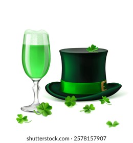 St. Patrick's Day illustration featuring a traditional green top hat adorned with a shamrock and a glass of green beer, surrounded by four-leaf clovers, on a white background.