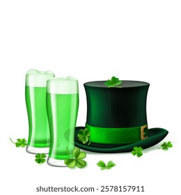 St. Patrick's Day illustration featuring a traditional green top hat adorned with a shamrock and two glasses of green beer, surrounded by four-leaf clovers, on a white background.