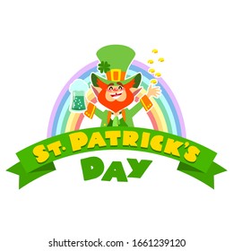 St. Patrick's Day. Illustration of a funny leprechaun with a pint of green beer and coins on background of rainbow. Objects isolated on a white background. Vector 8 EPS.