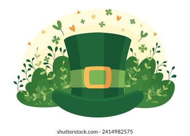 ilustración del día de san patrick, símbolos de buena suerte cuatro trébol de hojas, sombrero verde