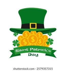 St. Patricks Day illustration with a green leprechaun hat, gold coins, shamrocks, and a festive banner. Colorful flat design for holiday decorations and prints.