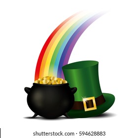 St. Patrick's Day illustration. Leprechaun hat and pot of gold with rainbow. Vector design. 