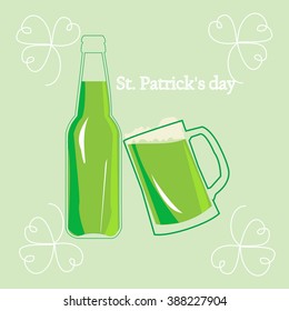 St. Patrick's day, illustration, poster with the symbol  of the holiday  - leaf clovers and green beer