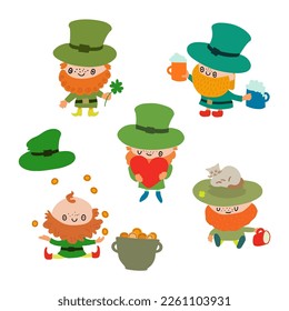 St. Patrick's Day illustration. Set of hand drawn colourful Leprechauns. For cards, decor, shirt design, invitation, DIY projects.