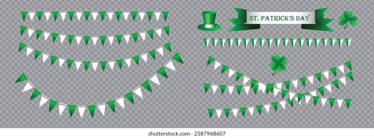 St. Patrick's Day illustration set, green and white bunting flags collection, leprechaun hat, four leaf clover and shamrock isolated on transparent background