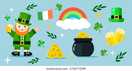 Ilustración del Día de San Patricio Conjunto con duende, olla de oro, arco iris, trébol y cerveza. Diseño festivo de vacaciones irlandesas para Anuncio, tarjeta, redes sociales y decoración