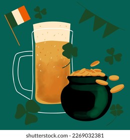 St. Patrick's Day illustration with a stylized mug of beer and a pot of gold coins on a green background