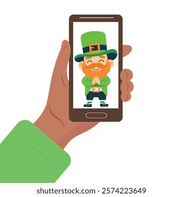  St. Patrick's Day illustration.Leprechaun. beer.Hand with phone